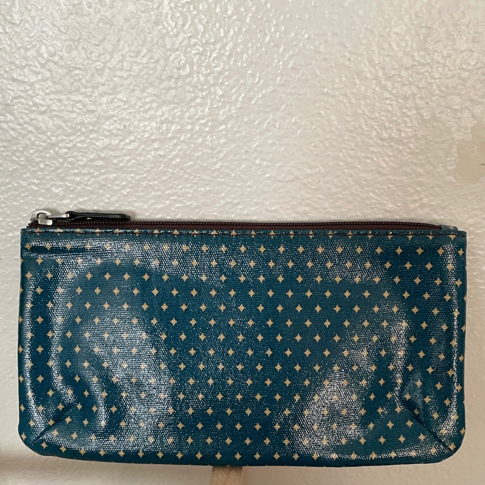 Fossil Teal Blue Gold Starburst Coated Canvas Slim Zipper Pouch Makeup Bag